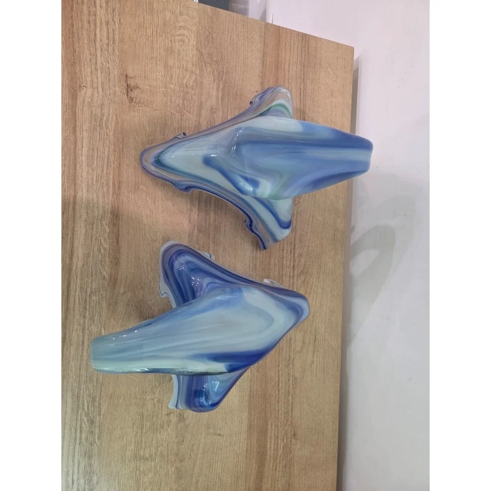 Pair of Vintage 70s Sooner Blown Glass Swan Bird Dishes Blue White Swirl 10''